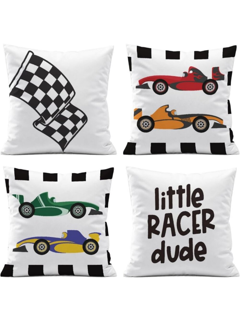 Race Car Throw Pillow Covers Set of 4, Buffalo Plaid Kids Room Decor, 18x18 Inch